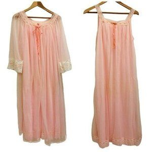 Vintage Miss Elaine Duchess Pink Lace Ribbon Double Peignoir Nightgown Set Sz M